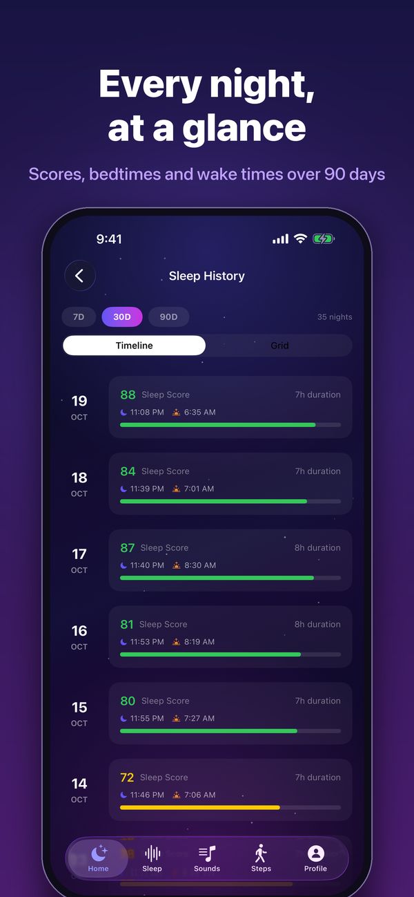 DreamWave sleep history listing nightly sleep scores, bedtimes, wake times and durations
