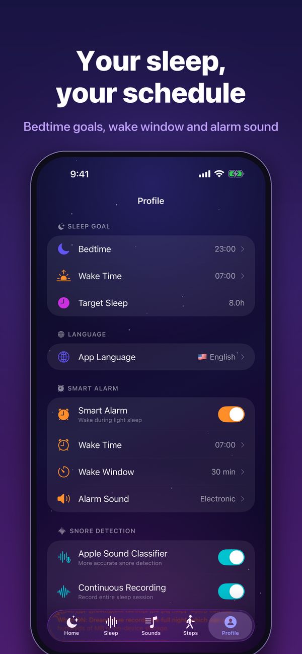 DreamWave settings showing bedtime, wake time 07:00, a 30-minute wake window and the alarm sound